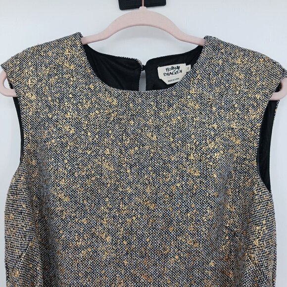 Molly Bracken Black Gold Metallic Sleeveless Mini Dress Belted  Party Event - Picture 2 of 7